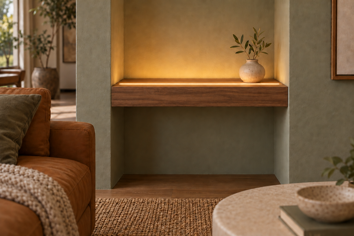 Gentry Stinson Walnut Floating Shelf | 18″ long × 3″ thick | Wall to Wall | Natural | LED Light Ready — Top Front location; rendering with separately supplied LED tape