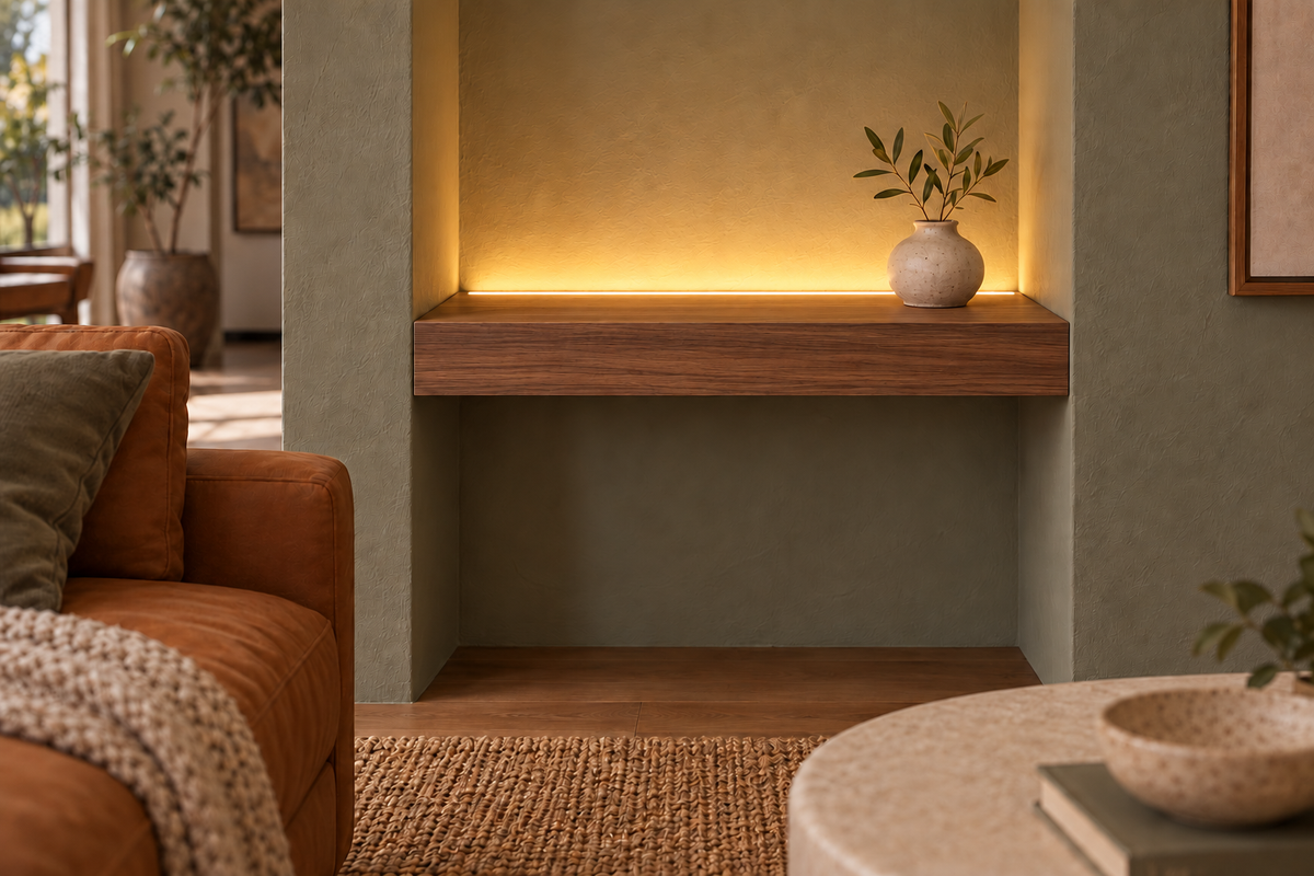 Gentry Stinson Walnut Floating Shelf | 18″ long × 3″ thick | Wall to Wall | Natural | LED Light Ready — Top Rear location; rendering with separately supplied LED tape