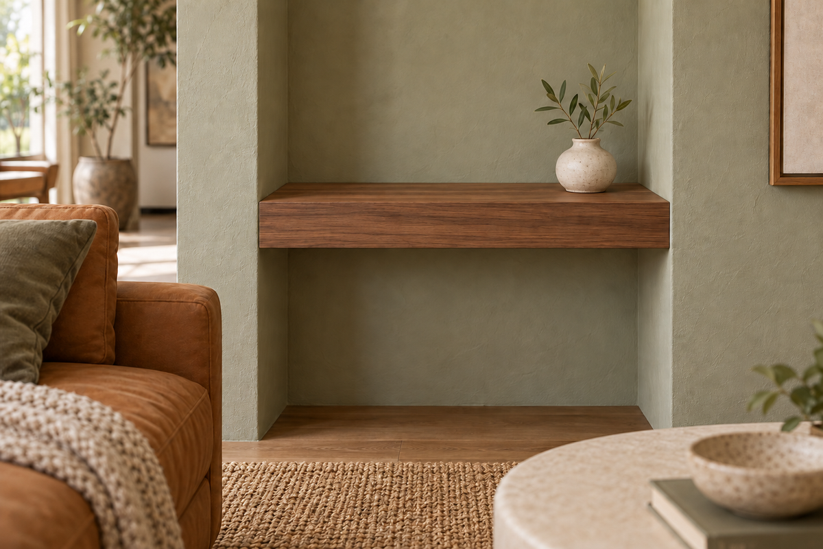18 × 10 × 3 inch natural walnut floating shelf, wall-to-wall mount, unlit, living-room rendering