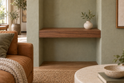 18-inch long, 3-inch thick natural walnut floating shelf, wall-to-wall mount, unlit, living-room rendering