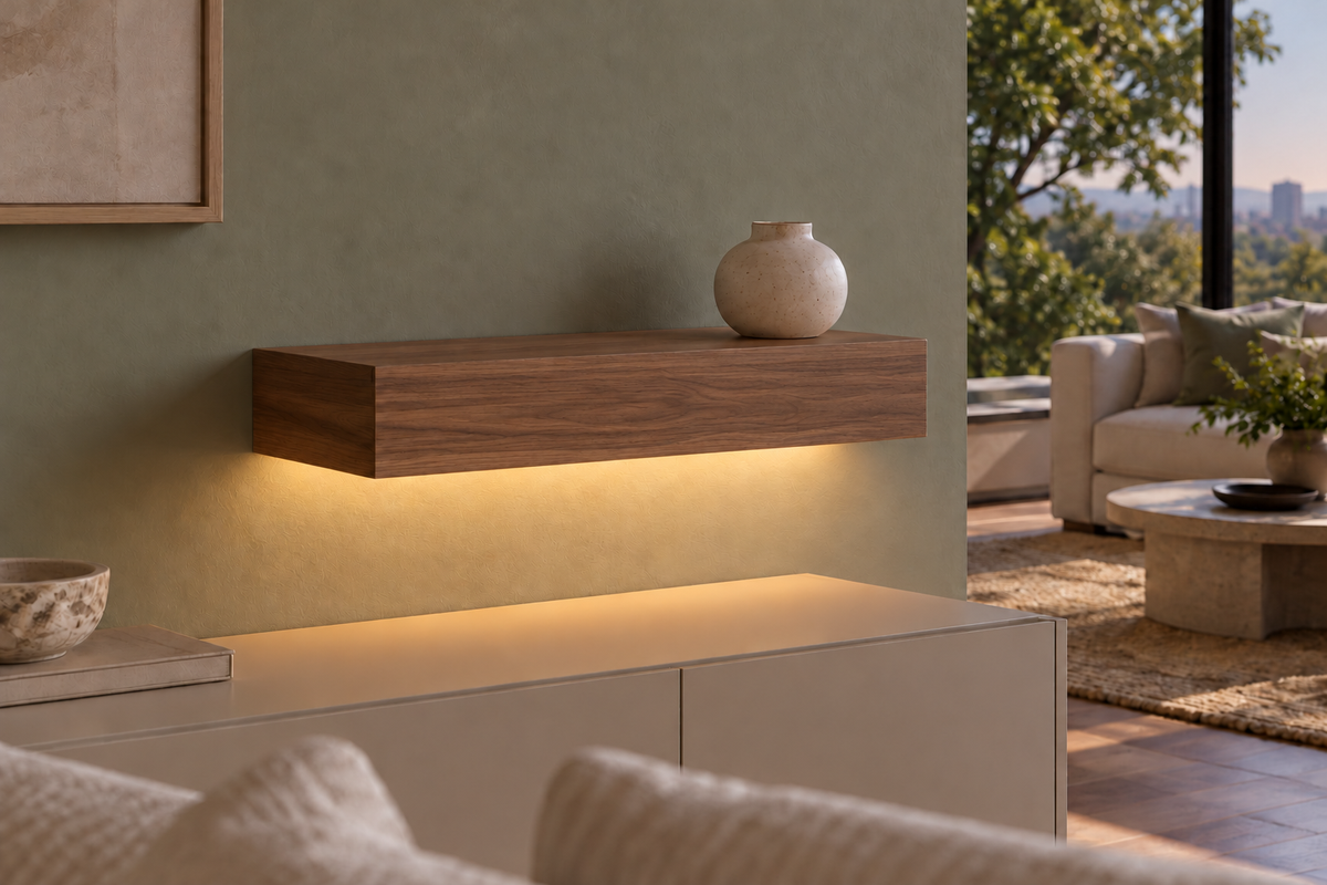 Gentry Stinson Walnut Floating Shelf | 18″ long × 4″ thick | Standard Mount | Natural | LED Light Ready — Bottom Front location; rendering with separately supplied LED tape