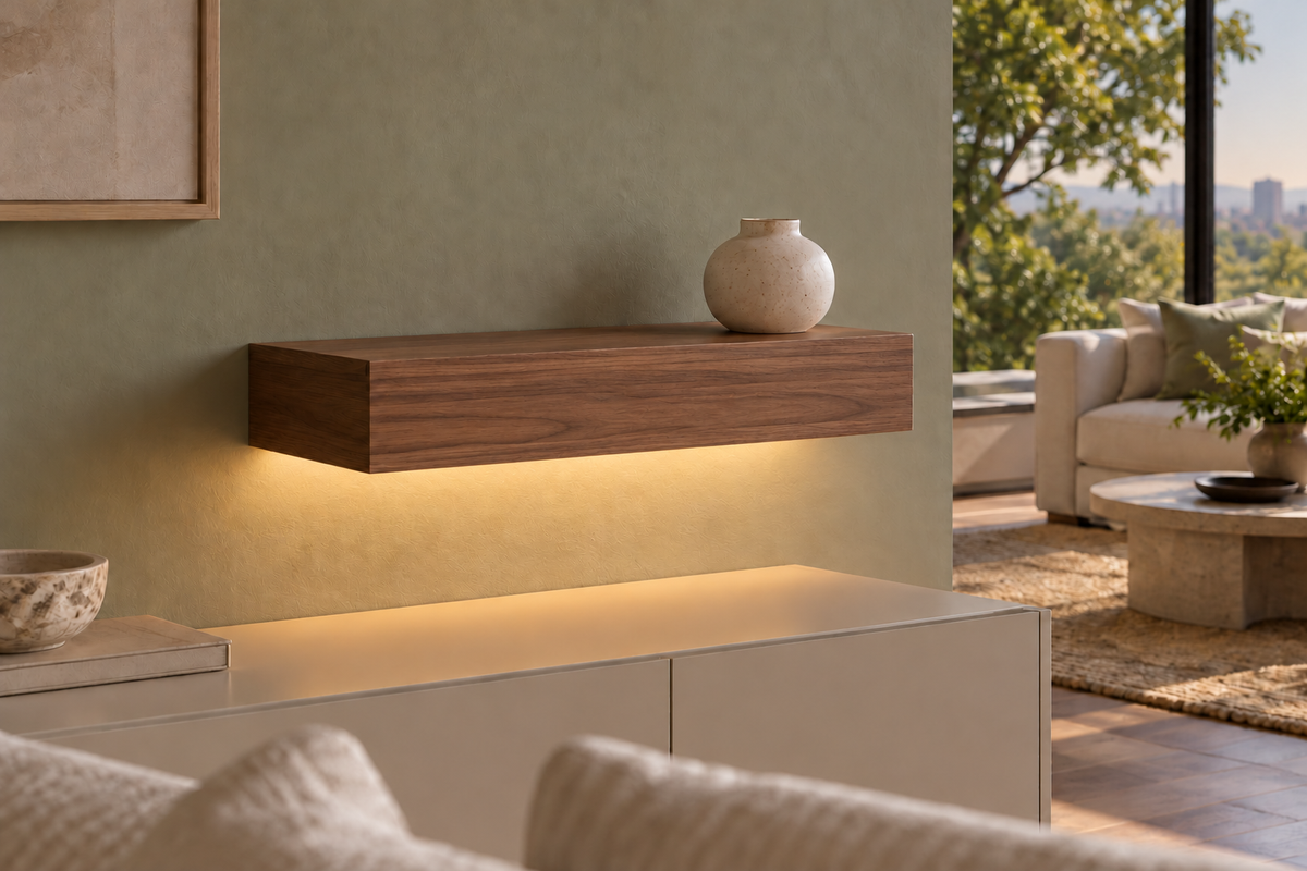 Gentry Stinson Walnut Floating Shelf | 18″ long × 4″ thick | Standard Mount | Natural | LED Light Ready — Bottom Rear location; rendering with separately supplied LED tape