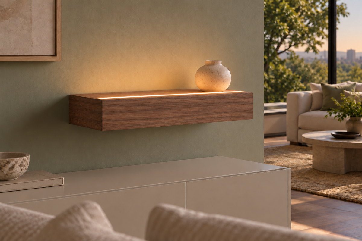 Gentry Stinson Walnut Floating Shelf | 18″ long × 4″ thick | Standard Mount | Natural | LED Light Ready — Top Front location; rendering with separately supplied LED tape