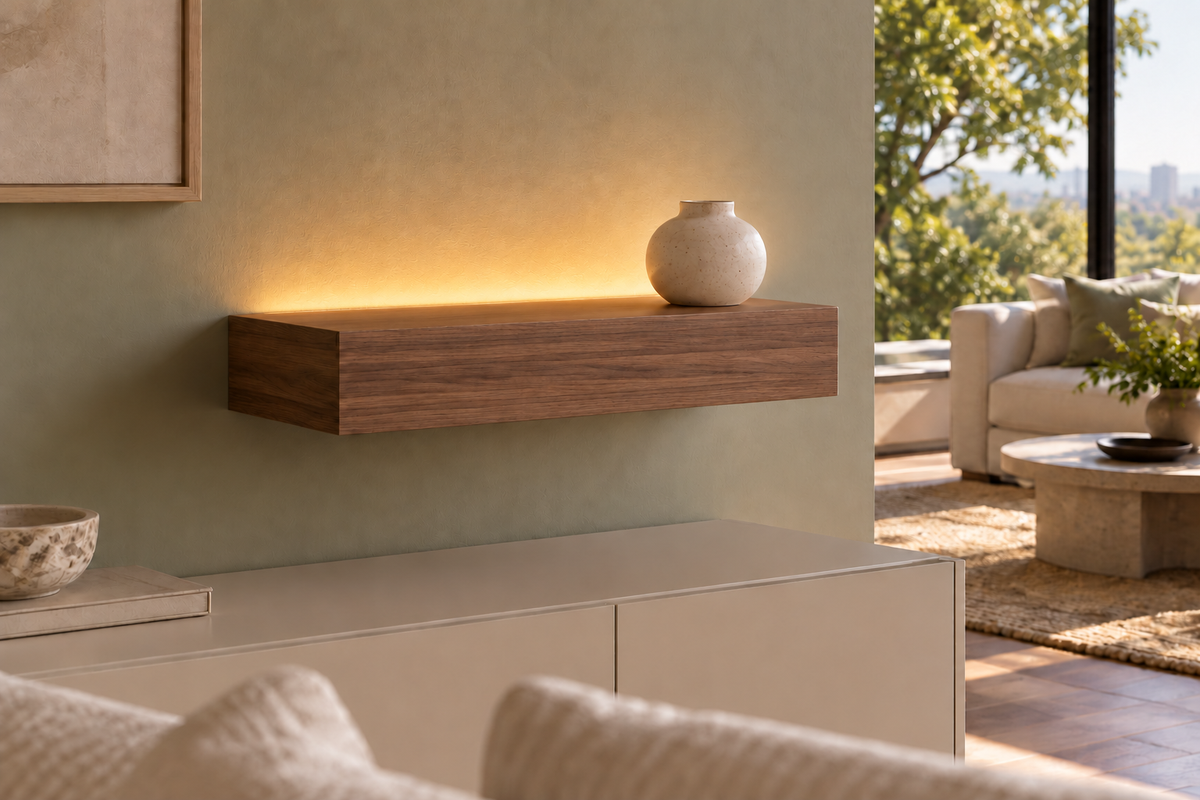 Gentry Stinson Walnut Floating Shelf | 18″ long × 4″ thick | Standard Mount | Natural | LED Light Ready — Top Rear location; rendering with separately supplied LED tape