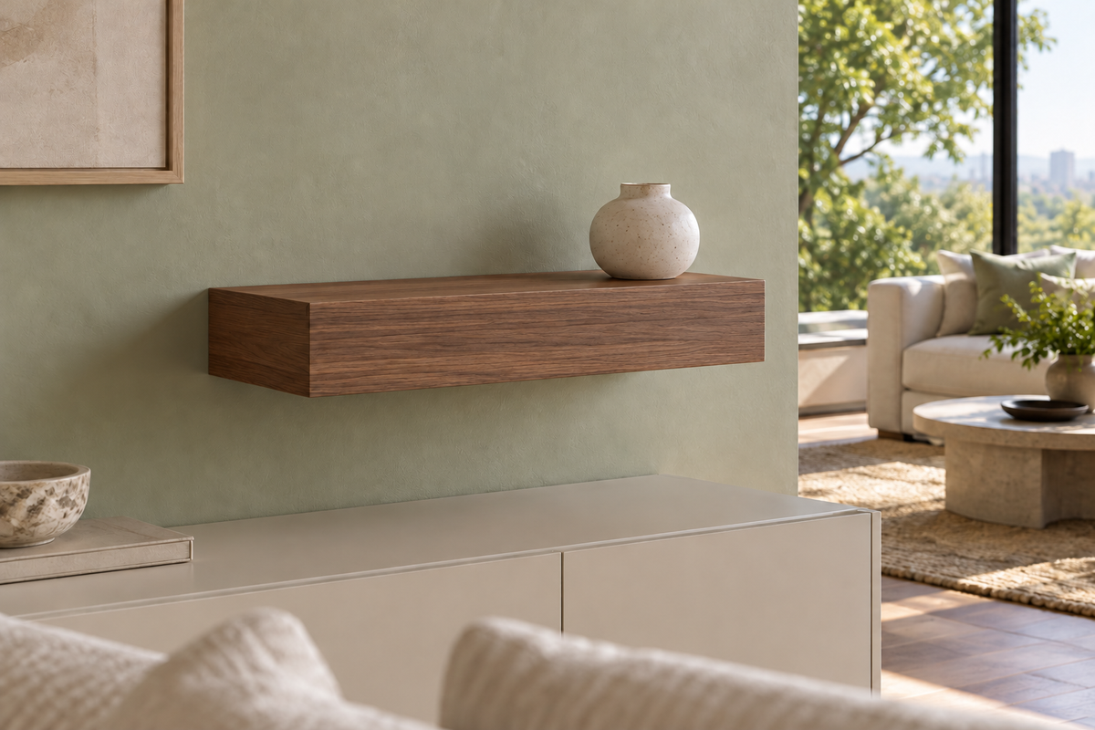 18-inch long, 4-inch thick natural walnut floating shelf, standard mount, unlit, living-room rendering
