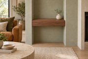 18-inch long, 4-inch thick natural walnut floating shelf, wall-to-wall mount, unlit, living-room rendering