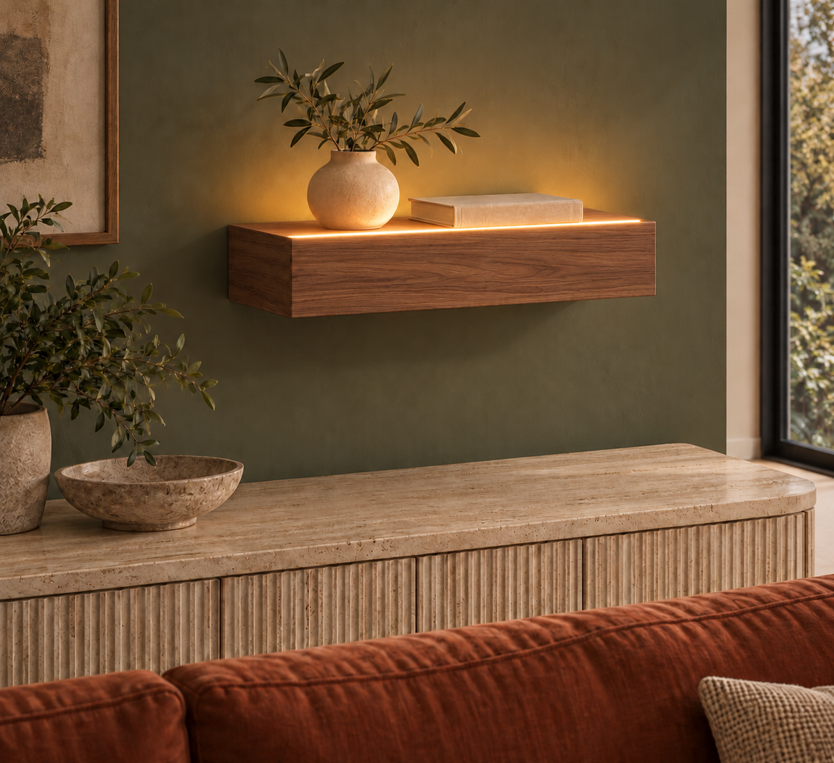 18 × 8 × 3 inch natural walnut floating shelf, standard mount, LED-ready Top Front location shown with separately supplied lighting, living-room rendering
