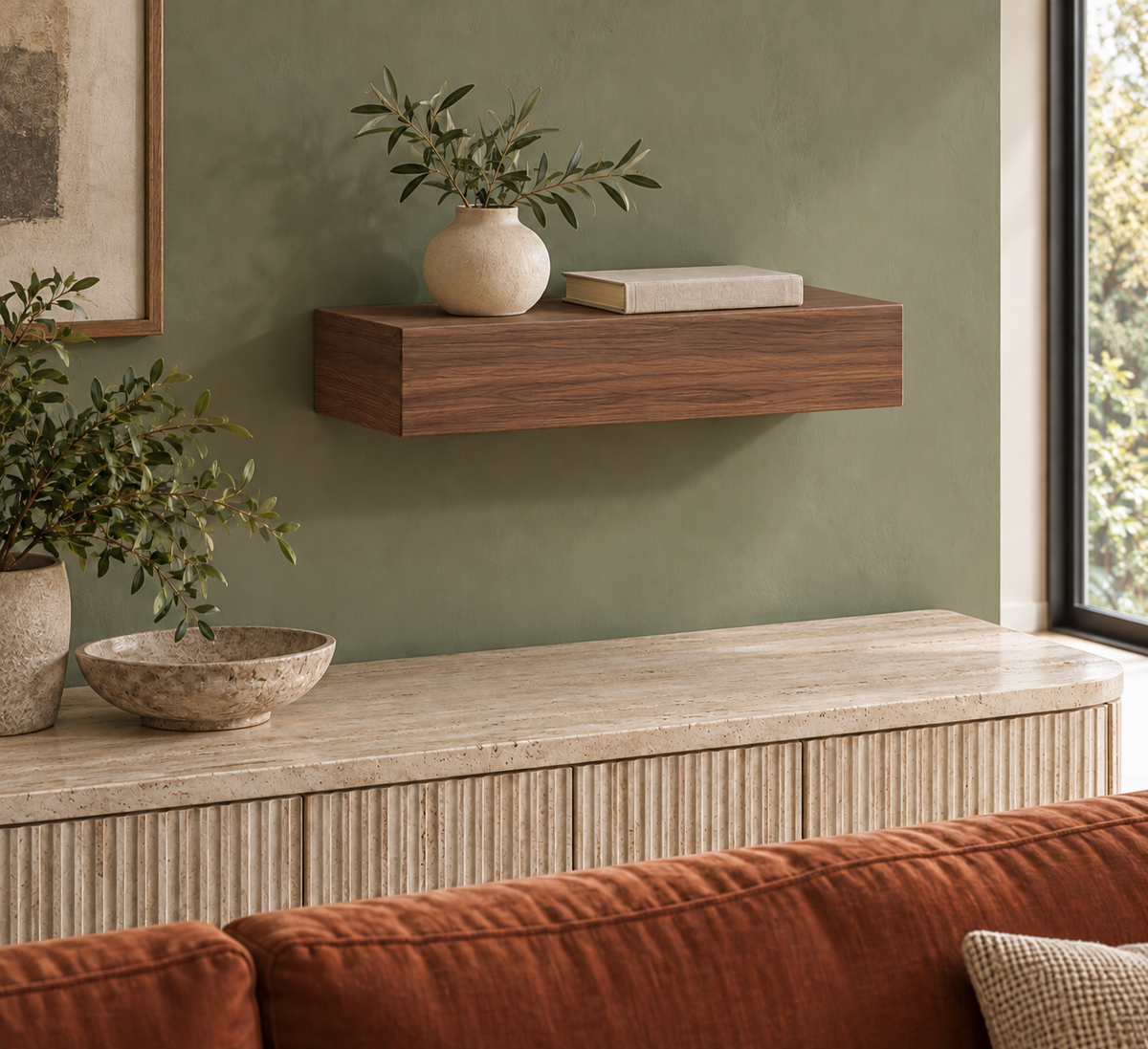 18 × 8 × 3 inch natural walnut floating shelf, standard mount, unlit, living-room rendering
