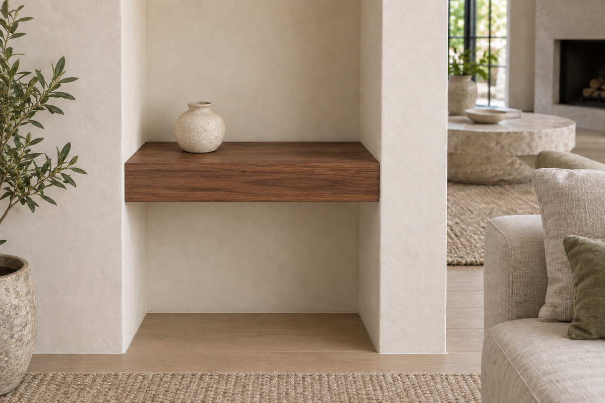 18 × 8 × 3 inch natural walnut floating shelf, wall-to-wall mount, unlit, living-room rendering