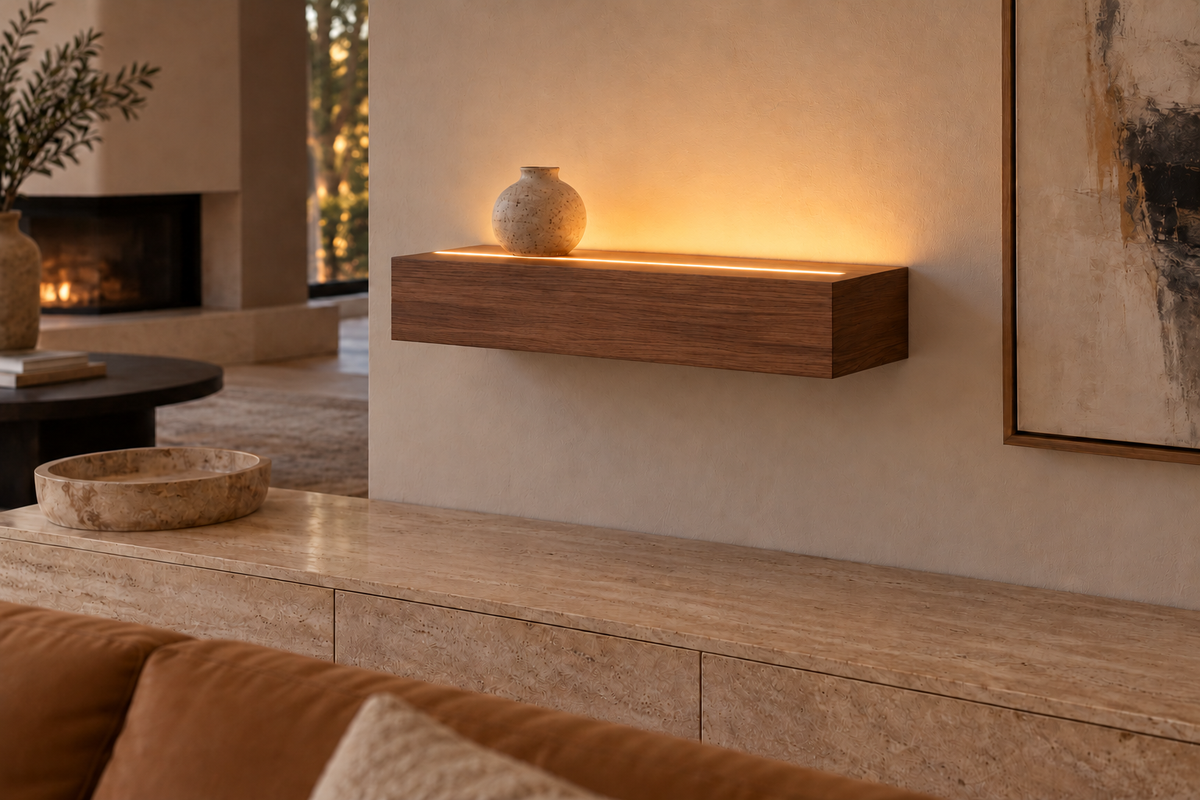 18 × 8 × 4 inch natural walnut floating shelf, standard mount, LED-ready Top Front location shown with separately supplied lighting, living-room rendering
