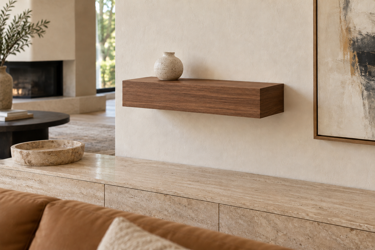 18 × 8 × 4 inch natural walnut floating shelf, standard mount, unlit, living-room rendering
