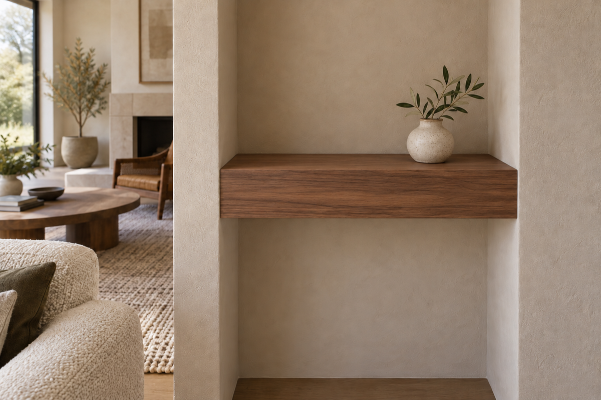 18 × 8 × 4 inch natural walnut floating shelf, wall-to-wall mount, unlit, living-room rendering
