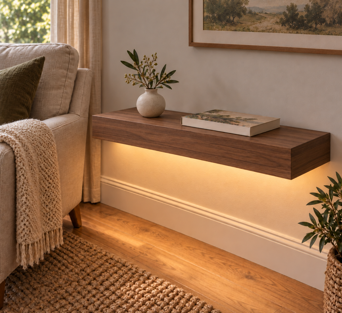 24-inch long, 3-inch thick natural walnut floating shelf, standard mount, LED-ready Bottom Front location shown with separately supplied lighting, living-room rendering