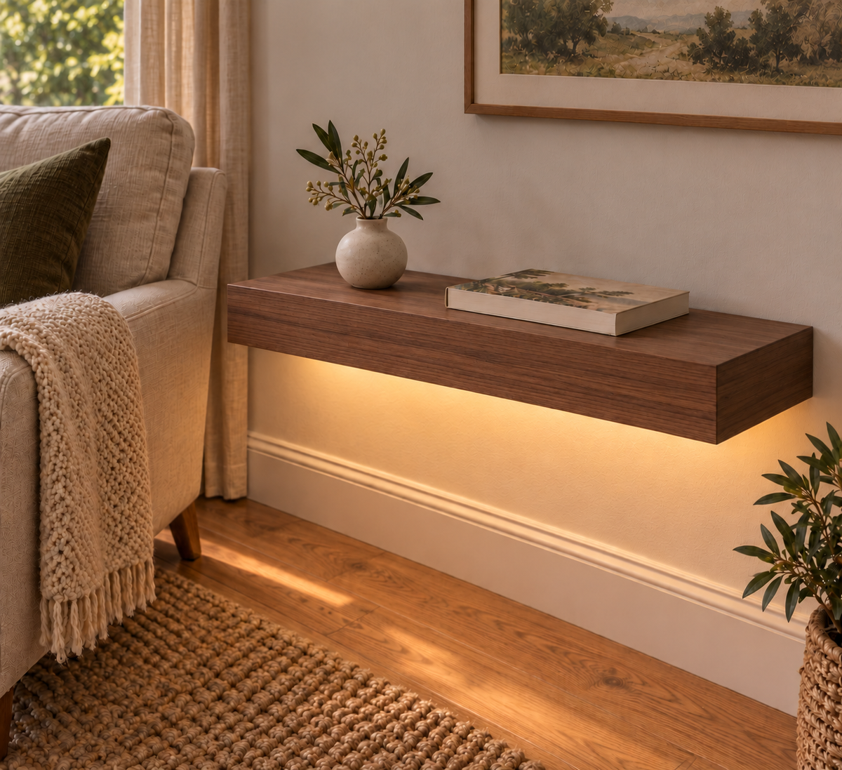 24-inch long, 3-inch thick natural walnut floating shelf, standard mount, LED-ready Bottom Rear location shown with separately supplied lighting, living-room rendering