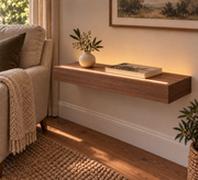 24-inch long, 3-inch thick natural walnut floating shelf, standard mount, LED-ready Top Front location shown with separately supplied lighting, living-room rendering