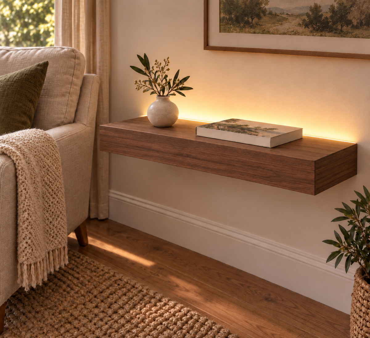 24-inch long, 3-inch thick natural walnut floating shelf, standard mount, LED-ready Top Rear location shown with separately supplied lighting, living-room rendering