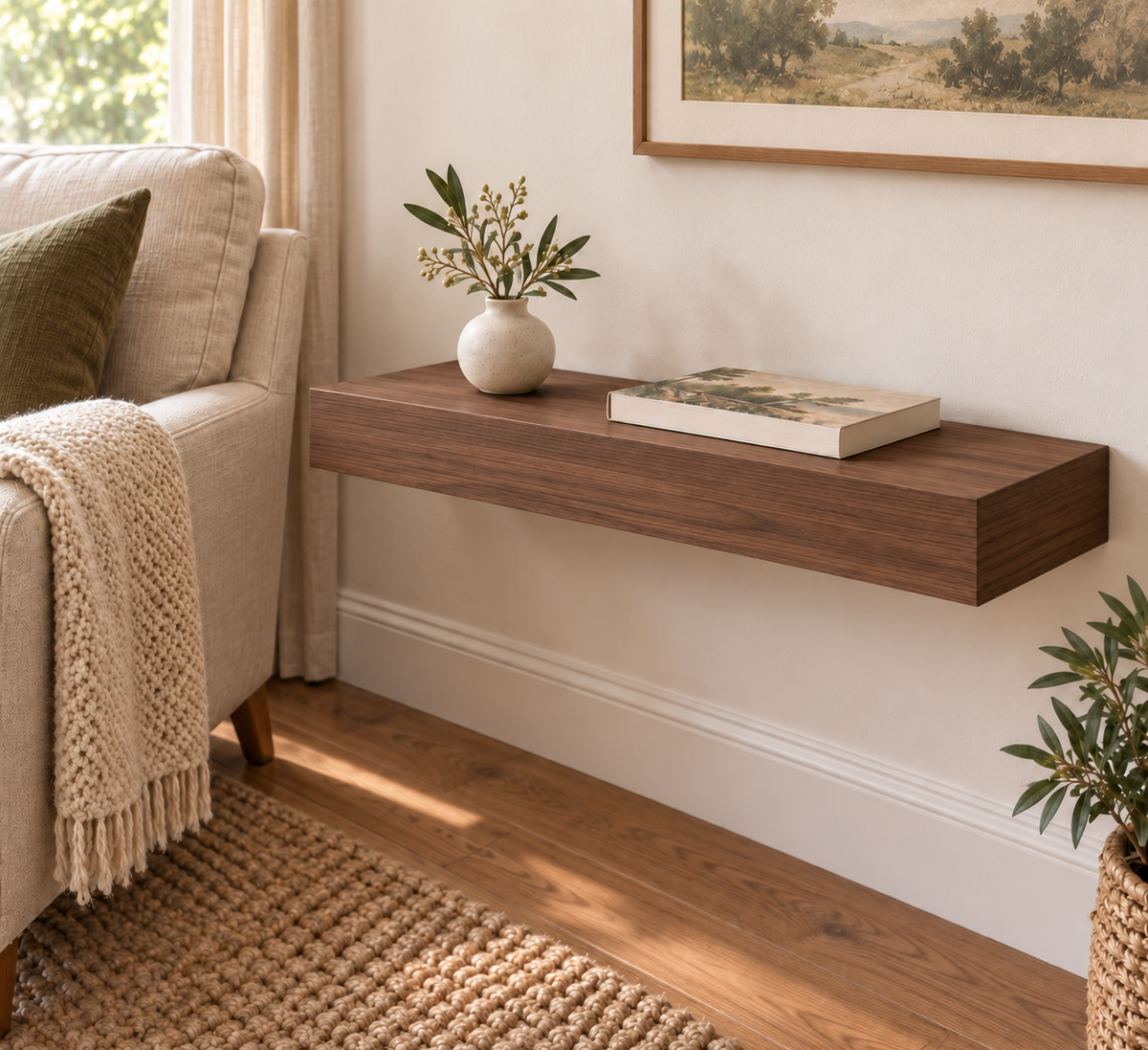 24-inch long, 3-inch thick natural walnut floating shelf, standard mount, unlit, living-room rendering