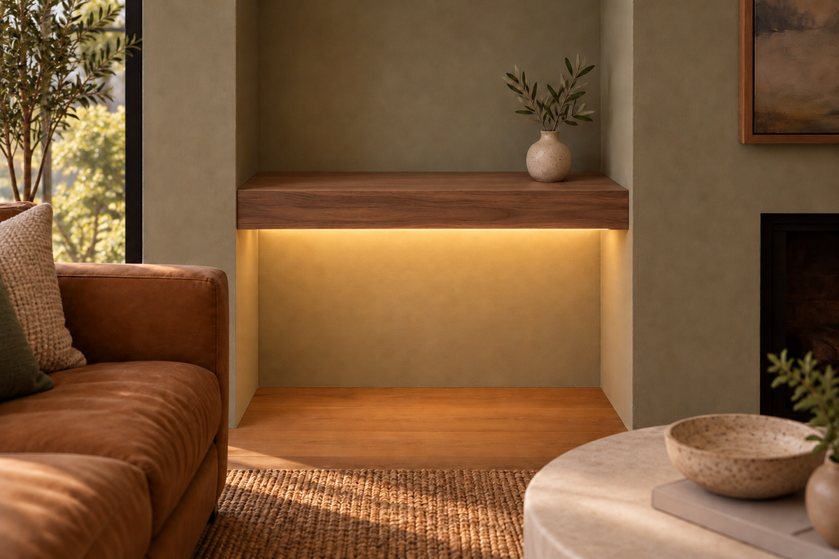 Gentry Stinson Walnut Floating Shelf | 24″ long × 3″ thick | Wall to Wall | Natural | LED Light Ready — Bottom Front location; rendering with separately supplied LED tape