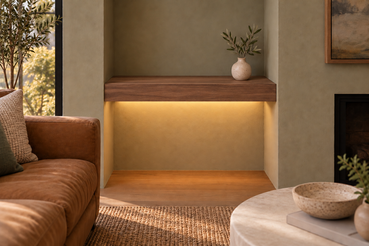 Gentry Stinson Walnut Floating Shelf | 24″ long × 3″ thick | Wall to Wall | Natural | LED Light Ready — Bottom Rear location; rendering with separately supplied LED tape