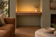 Gentry Stinson Walnut Floating Shelf | 24″ long × 3″ thick | Wall to Wall | Natural | LED Light Ready — Top Front location; rendering with separately supplied LED tape