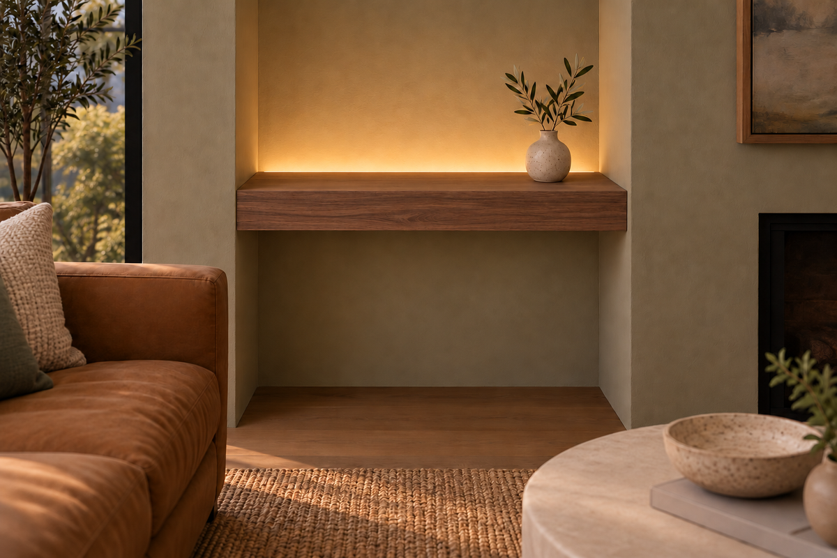 Gentry Stinson Walnut Floating Shelf | 24″ long × 3″ thick | Wall to Wall | Natural | LED Light Ready — Top Rear location; rendering with separately supplied LED tape
