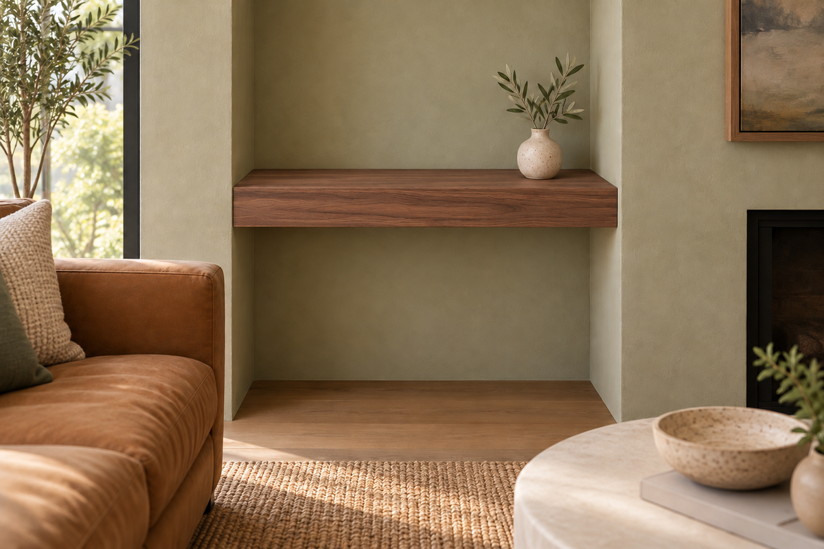 24 × 10 × 3 inch natural walnut floating shelf, wall-to-wall mount, unlit, living-room rendering