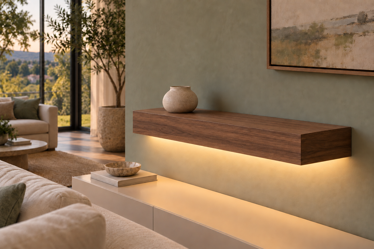 Gentry Stinson Walnut Floating Shelf | 24″ long × 4″ thick | Standard Mount | Natural | LED Light Ready — Bottom Front location; rendering with separately supplied LED tape