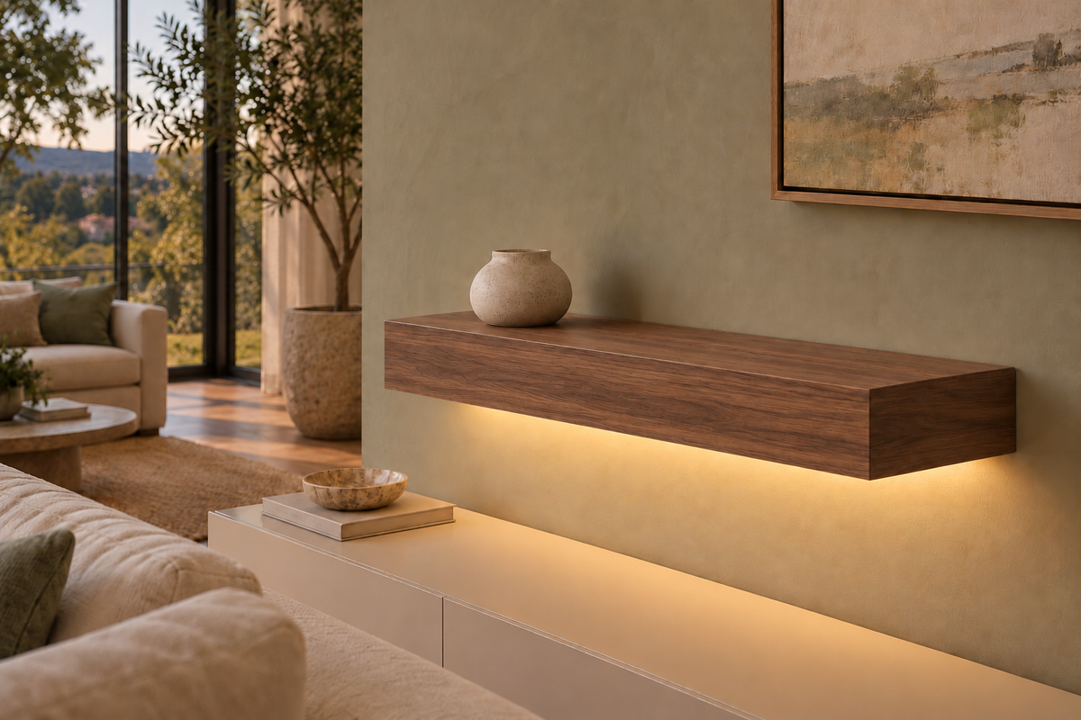 Gentry Stinson Walnut Floating Shelf | 24″ long × 4″ thick | Standard Mount | Natural | LED Light Ready — Bottom Rear location; rendering with separately supplied LED tape