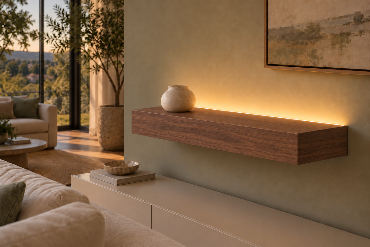 Gentry Stinson Walnut Floating Shelf | 24″ long × 4″ thick | Standard Mount | Natural | LED Light Ready — Top Rear location; rendering with separately supplied LED tape