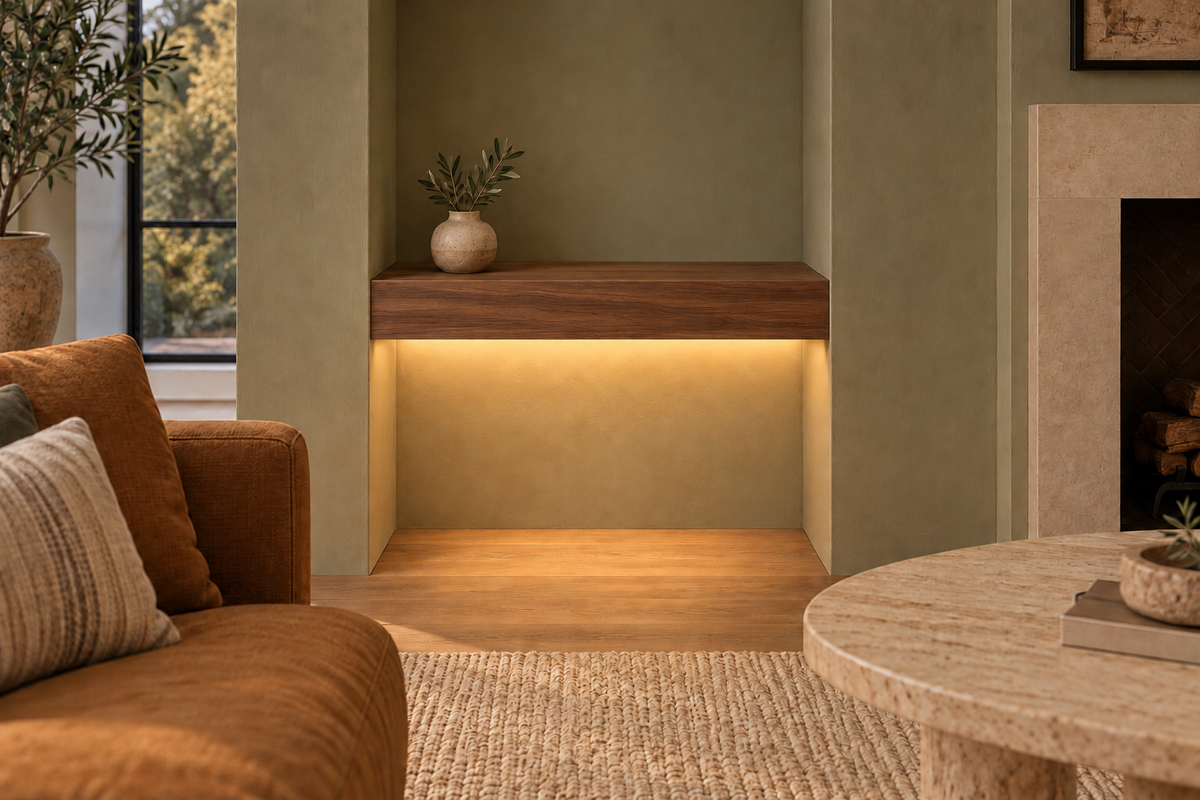 Gentry Stinson Walnut Floating Shelf | 24″ long × 4″ thick | Wall to Wall | Natural | LED Light Ready — Bottom Front location; rendering with separately supplied LED tape