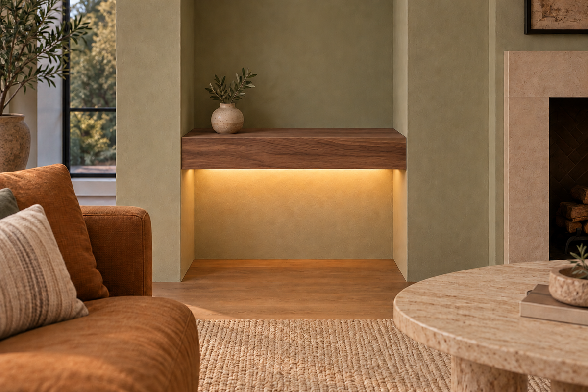 Gentry Stinson Walnut Floating Shelf | 24″ long × 4″ thick | Wall to Wall | Natural | LED Light Ready — Bottom Rear location; rendering with separately supplied LED tape