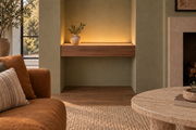 Gentry Stinson Walnut Floating Shelf | 24″ long × 4″ thick | Wall to Wall | Natural | LED Light Ready — Top Front location; rendering with separately supplied LED tape