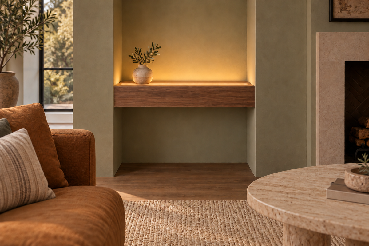 Gentry Stinson Walnut Floating Shelf | 24″ long × 4″ thick | Wall to Wall | Natural | LED Light Ready — Top Front location; rendering with separately supplied LED tape