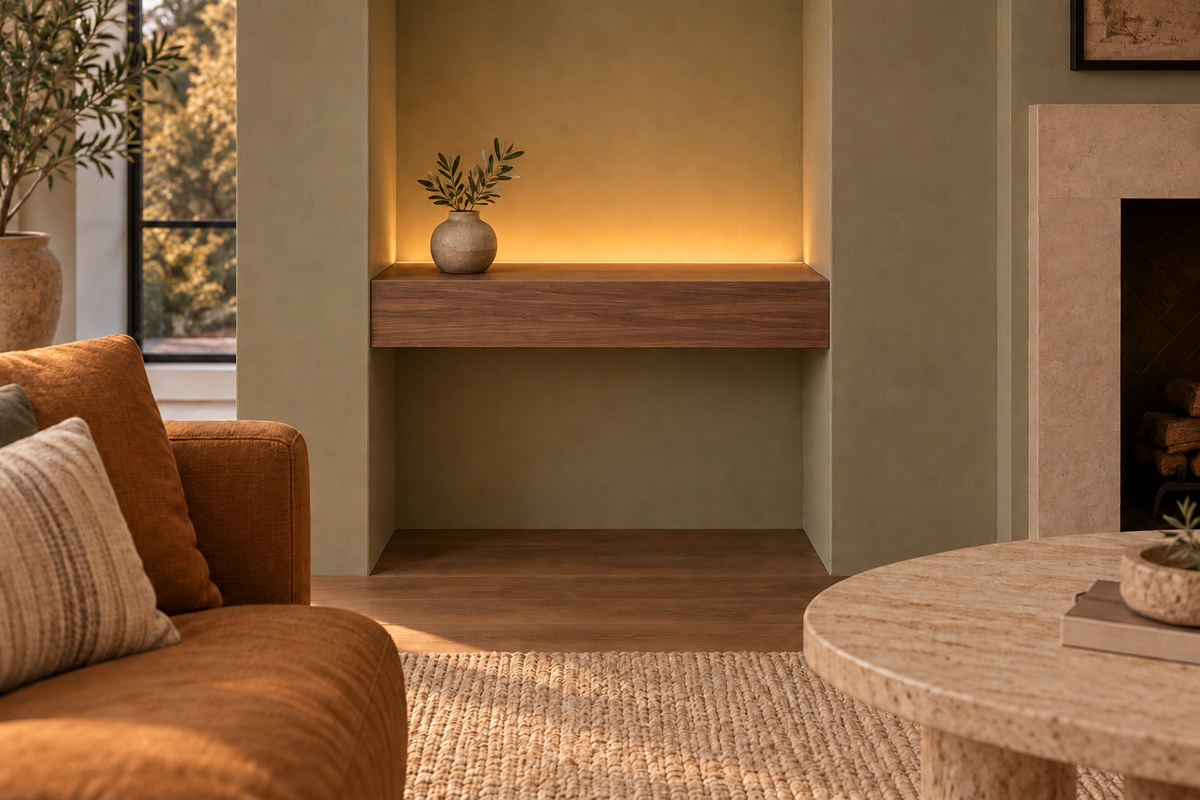 Gentry Stinson Walnut Floating Shelf | 24″ long × 4″ thick | Wall to Wall | Natural | LED Light Ready — Top Rear location; rendering with separately supplied LED tape