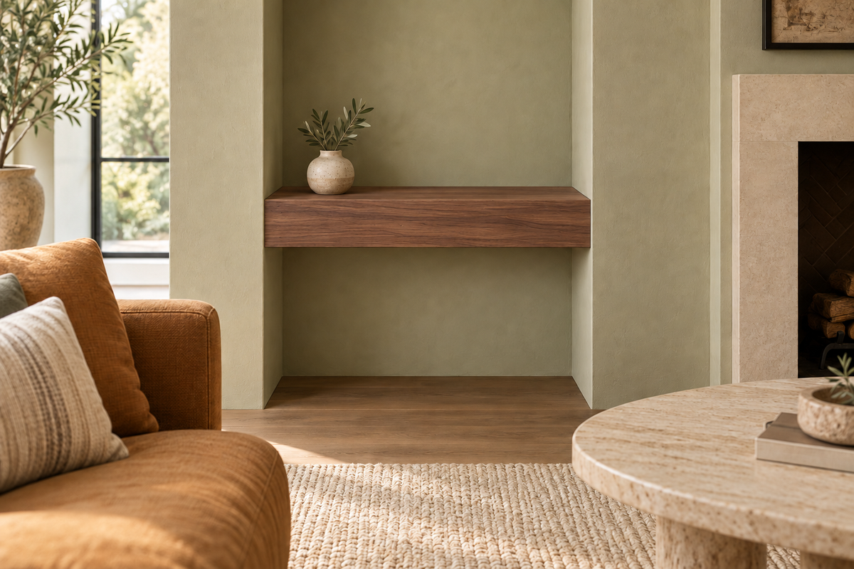 24 × 10 × 4 inch natural walnut floating shelf, wall-to-wall mount, unlit, living-room rendering