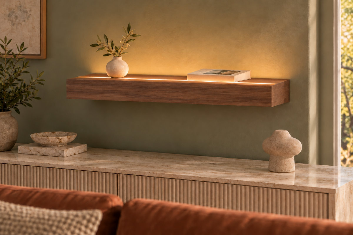 24 × 8 × 3 inch natural walnut floating shelf, standard mount, LED-ready Top Front location shown with separately supplied lighting, living-room rendering