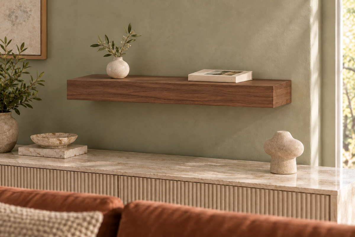 24 × 8 × 3 inch natural walnut floating shelf, standard mount, unlit, living-room rendering