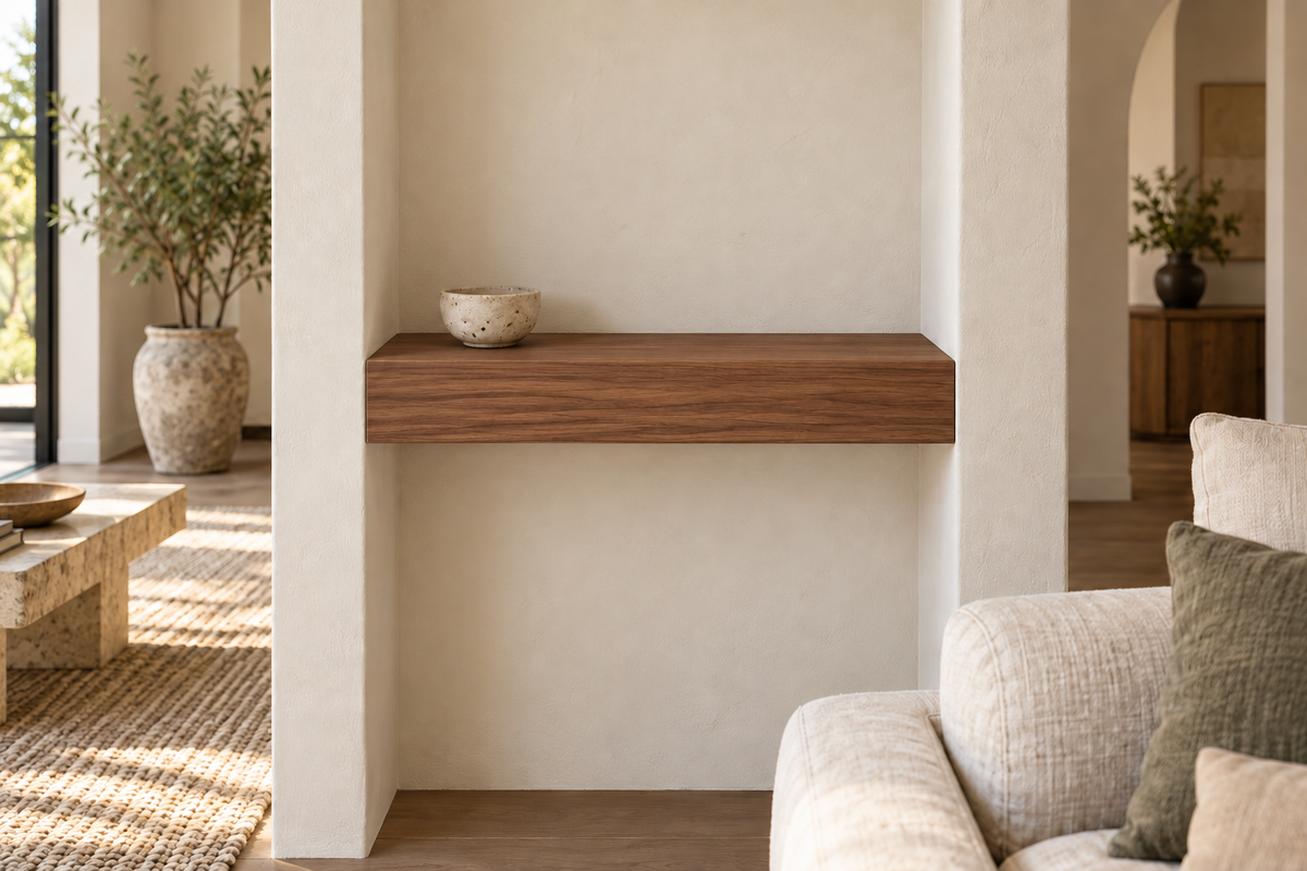 24 × 8 × 3 inch natural walnut floating shelf, wall-to-wall mount, unlit, living-room rendering