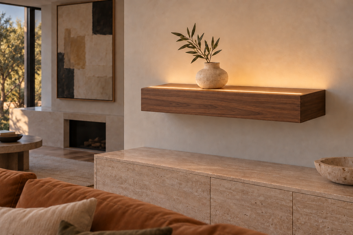 24 × 8 × 4 inch natural walnut floating shelf, standard mount, LED-ready Top Front location shown with separately supplied lighting, living-room rendering