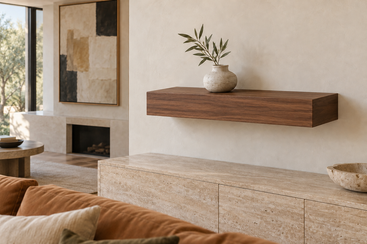 24 × 8 × 4 inch natural walnut floating shelf, standard mount, unlit, living-room rendering