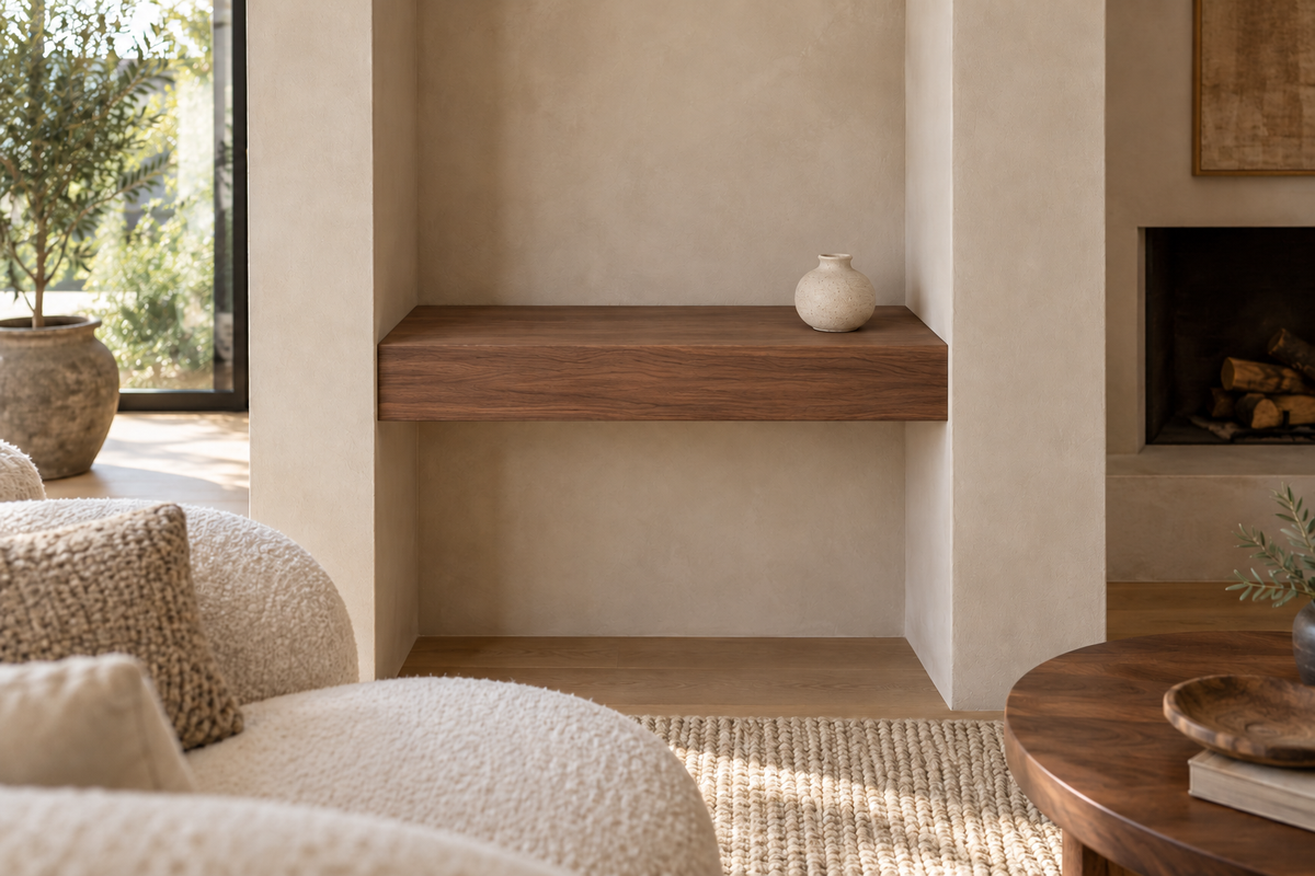 24 × 8 × 4 inch natural walnut floating shelf, wall-to-wall mount, unlit, living-room rendering