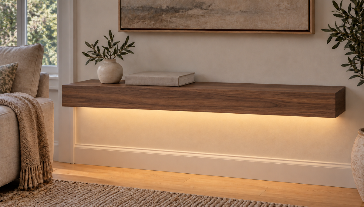 30-inch long, 3-inch thick natural walnut floating shelf, standard mount, LED-ready Bottom Front location shown with separately supplied lighting, living-room rendering