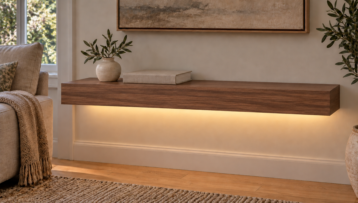 30-inch long, 3-inch thick natural walnut floating shelf, standard mount, LED-ready Bottom Rear location shown with separately supplied lighting, living-room rendering