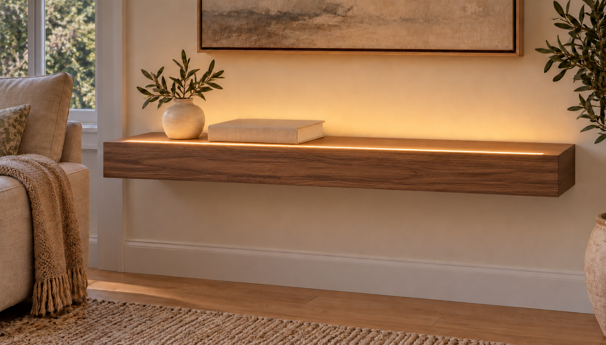 30-inch long, 3-inch thick natural walnut floating shelf, standard mount, LED-ready Top Front location shown with separately supplied lighting, living-room rendering