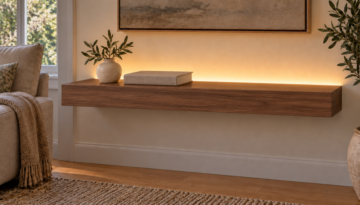 30-inch long, 3-inch thick natural walnut floating shelf, standard mount, LED-ready Top Rear location shown with separately supplied lighting, living-room rendering