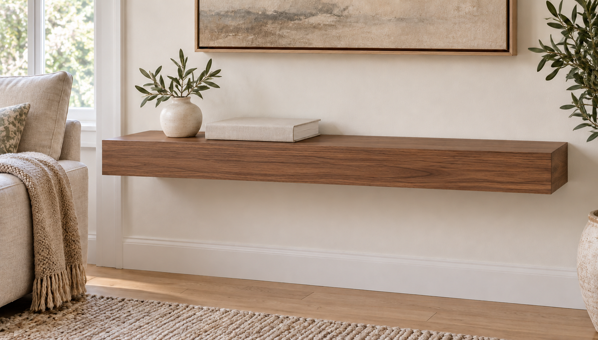 30-inch long, 3-inch thick natural walnut floating shelf, standard mount, unlit, living-room rendering