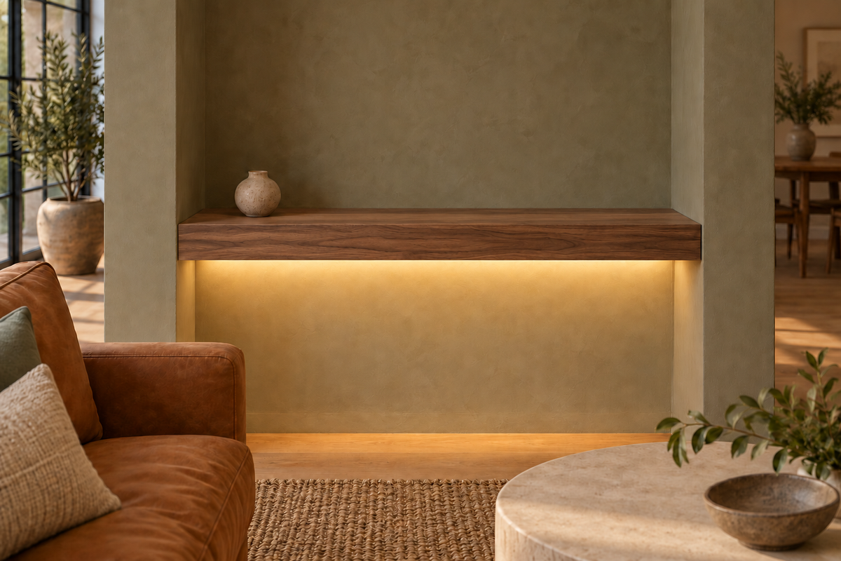 Gentry Stinson Walnut Floating Shelf | 30″ long × 3″ thick | Wall to Wall | Natural | LED Light Ready — Bottom Front location; rendering with separately supplied LED tape