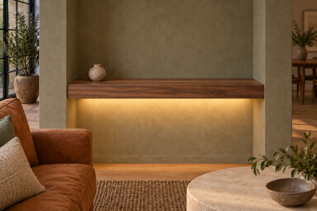 Gentry Stinson Walnut Floating Shelf | 30″ long × 3″ thick | Wall to Wall | Natural | LED Light Ready — Bottom Rear location; rendering with separately supplied LED tape