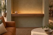 Gentry Stinson Walnut Floating Shelf | 30″ long × 3″ thick | Wall to Wall | Natural | LED Light Ready — Top Front location; rendering with separately supplied LED tape