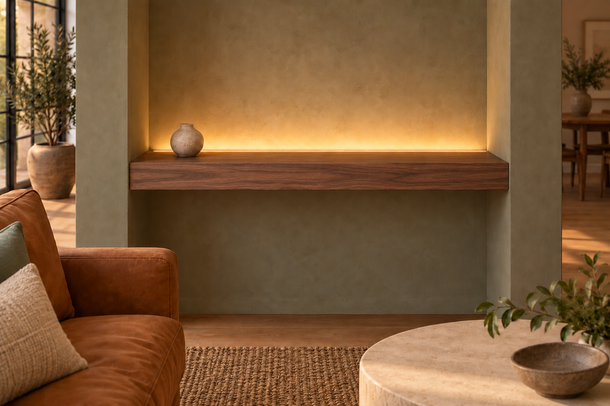 Gentry Stinson Walnut Floating Shelf | 30″ long × 3″ thick | Wall to Wall | Natural | LED Light Ready — Top Rear location; rendering with separately supplied LED tape